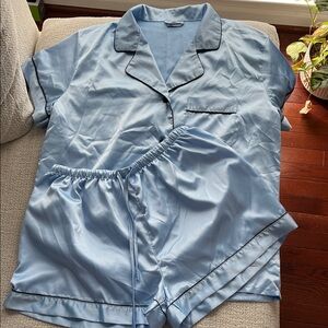 Sky Blue Satin Pajama Set with Black Trim